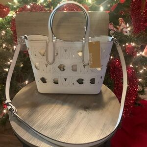 NWT Michael Kors optic white Eliza extra-small perforated logo bag